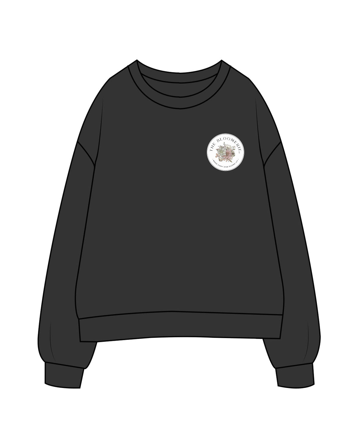 The Womens Crewneck - Washed Black - THE BLOOMERIE LLC - Left Chest Round - Printed - Full Color