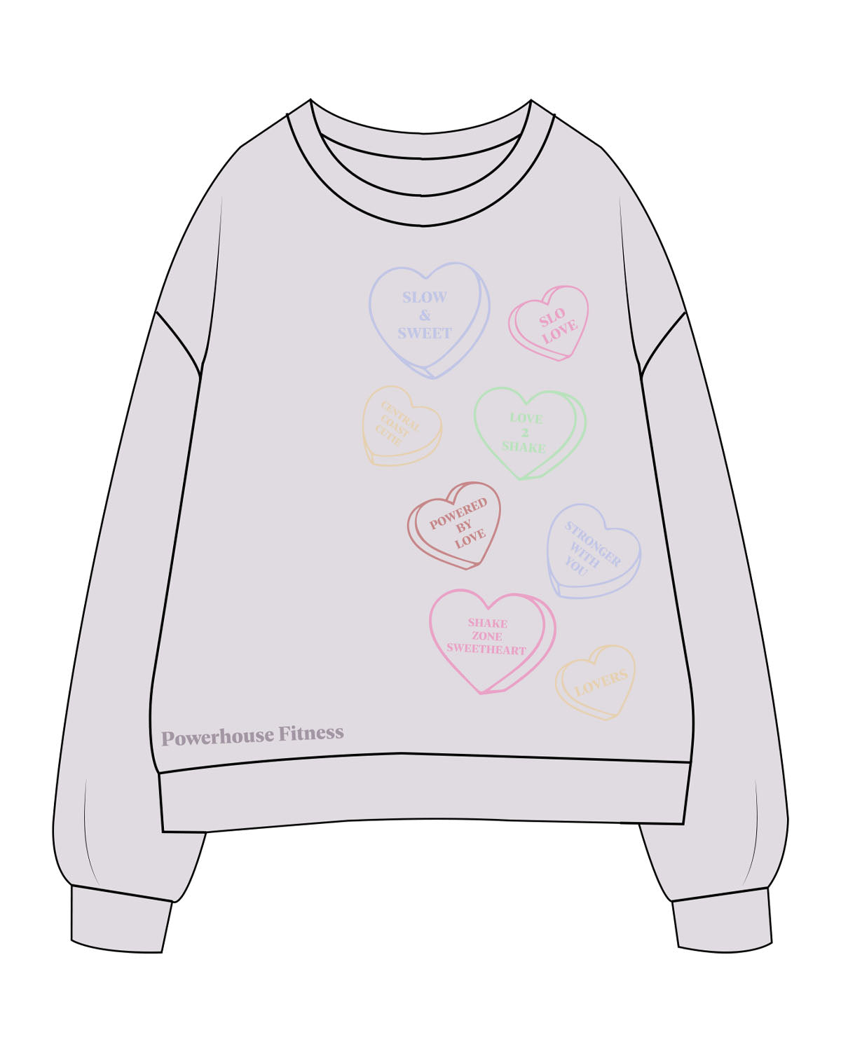 The Womens Crewneck - Orchid - Powerhouse Fitness - Front Left Stacked & Front Bottom Right - Printed - Full Color