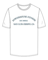 The Mens Tee - White - Powerhouse Fitness - Center Chest Stacked - Printed - Full Color