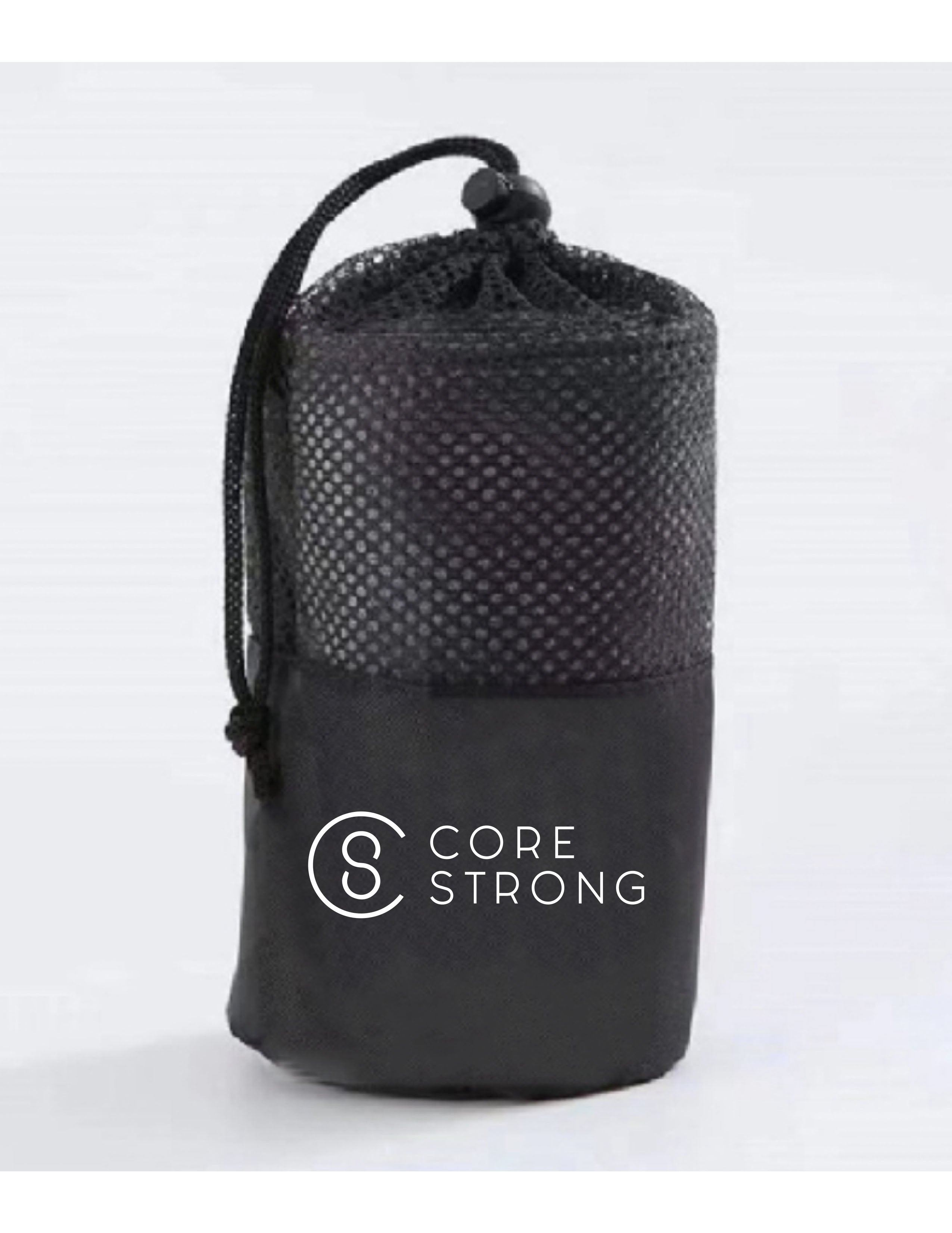 The Gym Towel - Black - Core Strong - Bottom Body Stacked - EMB - White - The Gym Towel Bag - Black - Center Body Stacked - Printed - White