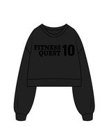 The Womens Crop Crewneck - Black - Fitness Quest 10 - Center Chest Stacked & Back Neckline - Tone on Tone