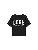 The Boxy Crop Tee - Black - Core Precision - Center Chest Stacked - Printed - White