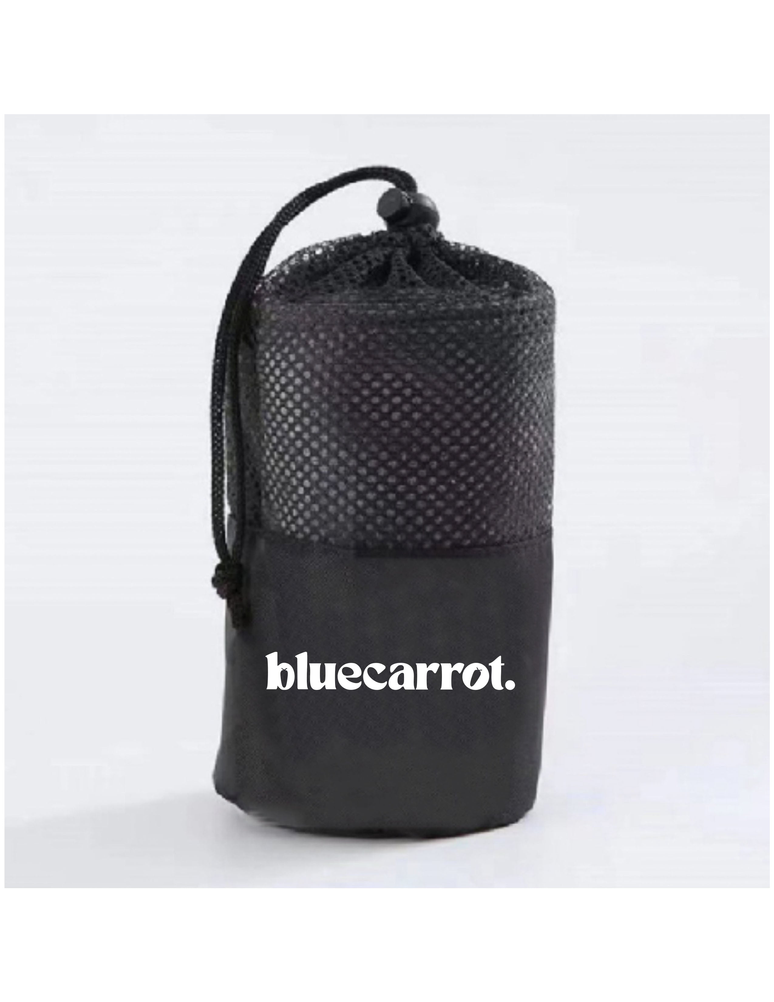 The Gym Towel - White - BlueCarrot - Front Bottom - Embroidered - Blue - The Gym Towel Bag - Black - Center Body - Printed - White