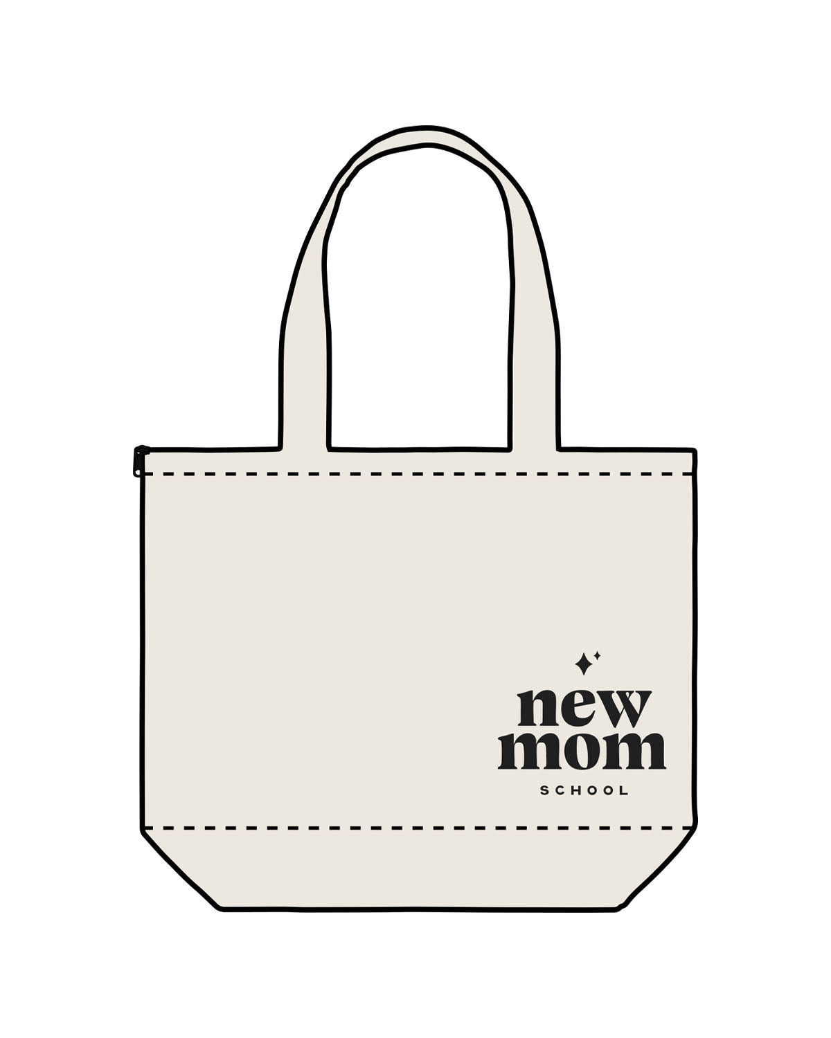 The Zipper Tote Bag - Natural - New Mom School - Left Side Stacked Logo - Printed - Full Color