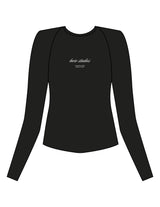 The Womens Sporty Long Sleeve - Black - Bare Pilates - Center Chest Stacked - Printed - White