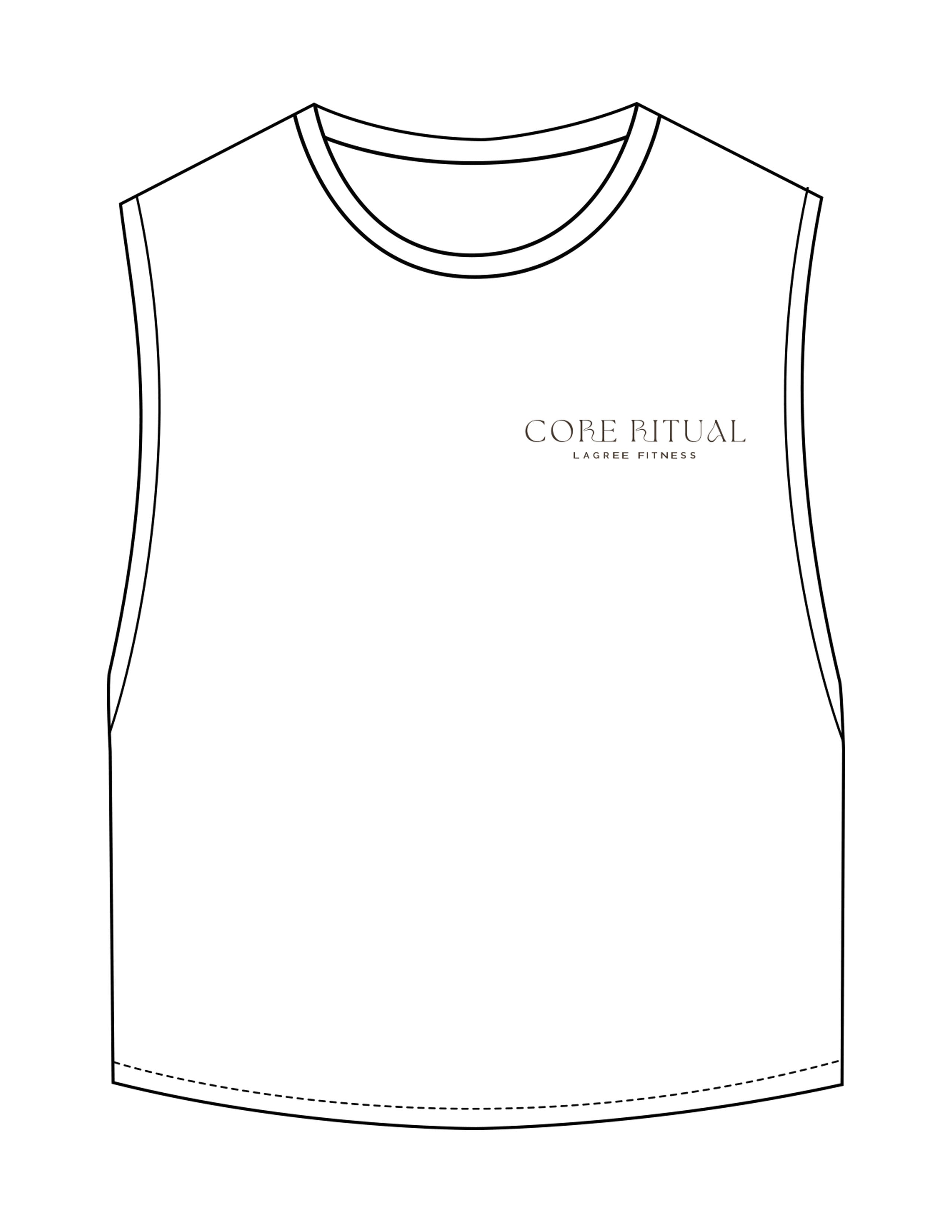 The Crop Muscle Tank - White - Core Ritual - Left Chest Stacked & Back Round - Printed - Taupe