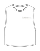 The Crop Muscle Tank - White - Core Ritual - Left Chest Stacked & Back Round - Printed - Taupe