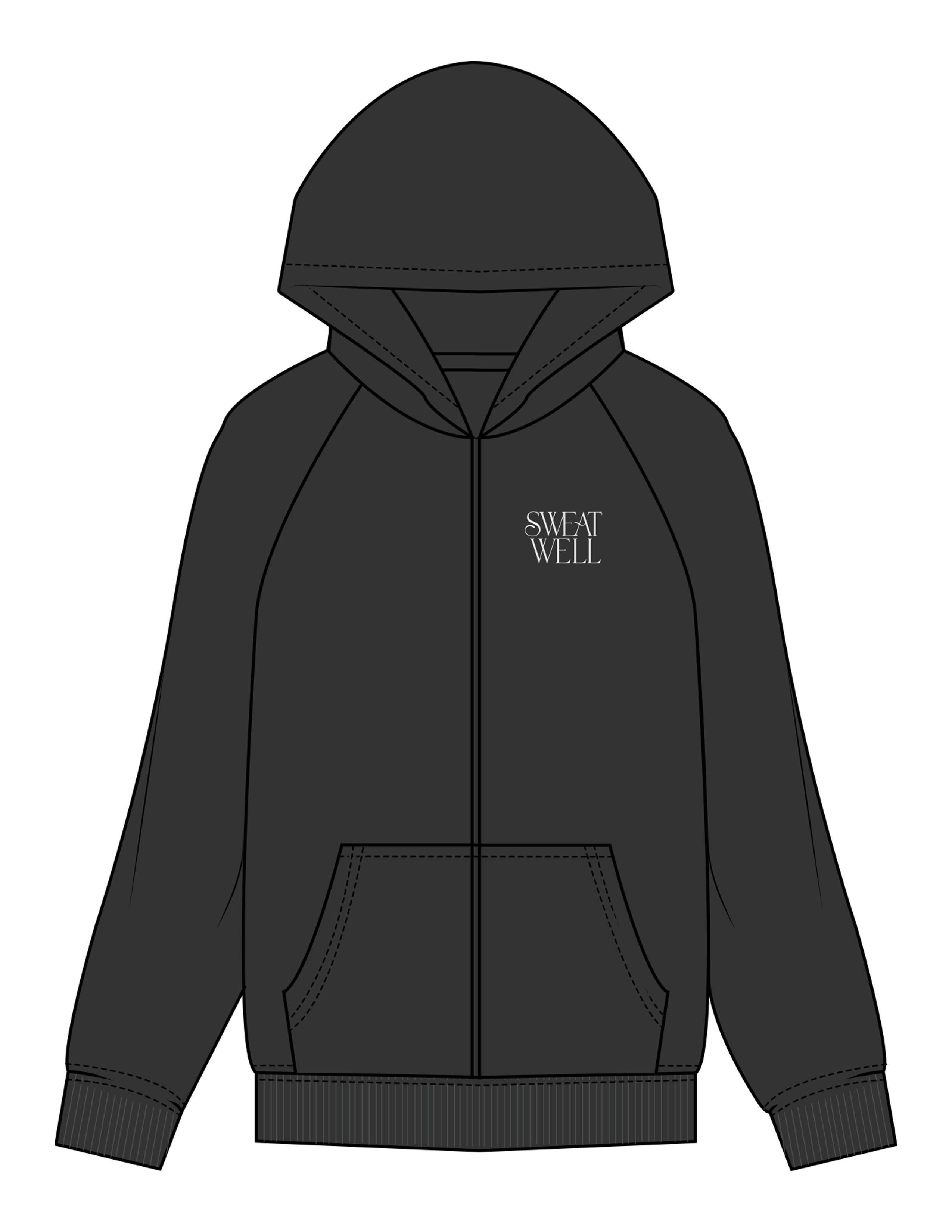 The Womens Zip Hoodie - Washed Black - Sweat Well - Left Chest & Back Stacked - Printed - Off White