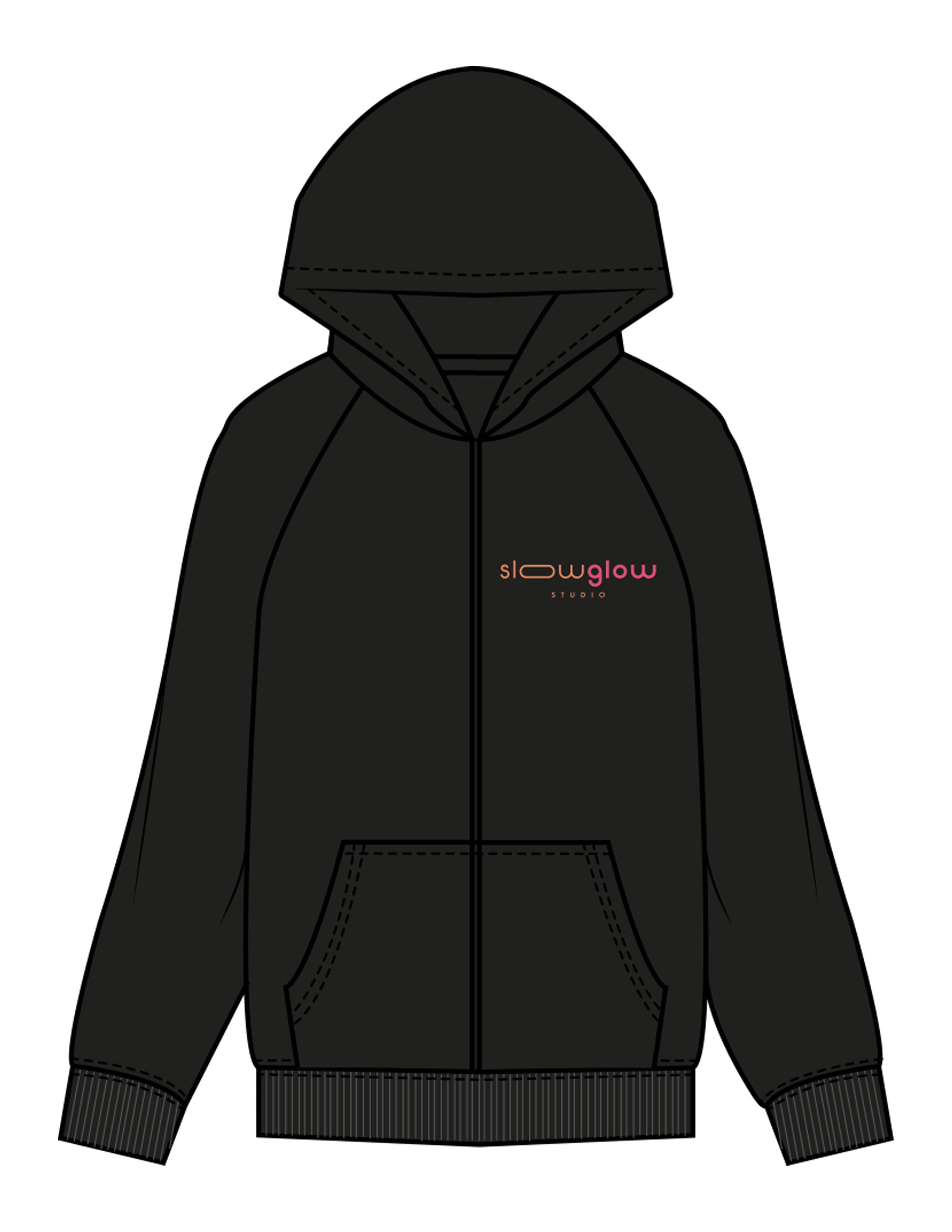 The Womens Zip Hoodie - Black - SLOW GLOW STUDIO - Left Chest Stacked & Back Stacked - Printed - Full Color