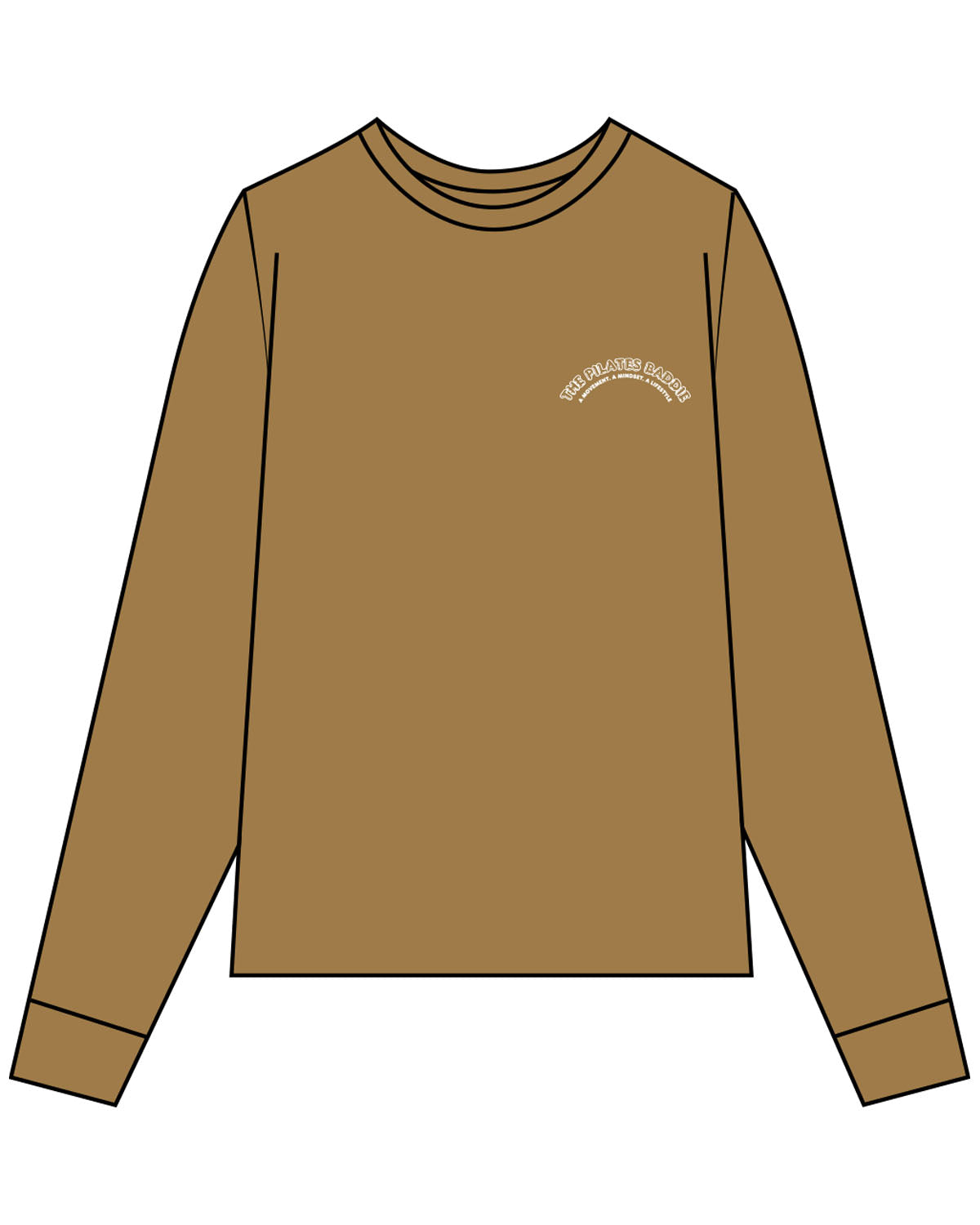 The Unisex Midweight Long Sleeve - Camel - Pilates Baddie - Left Chest Arc - Printed - White