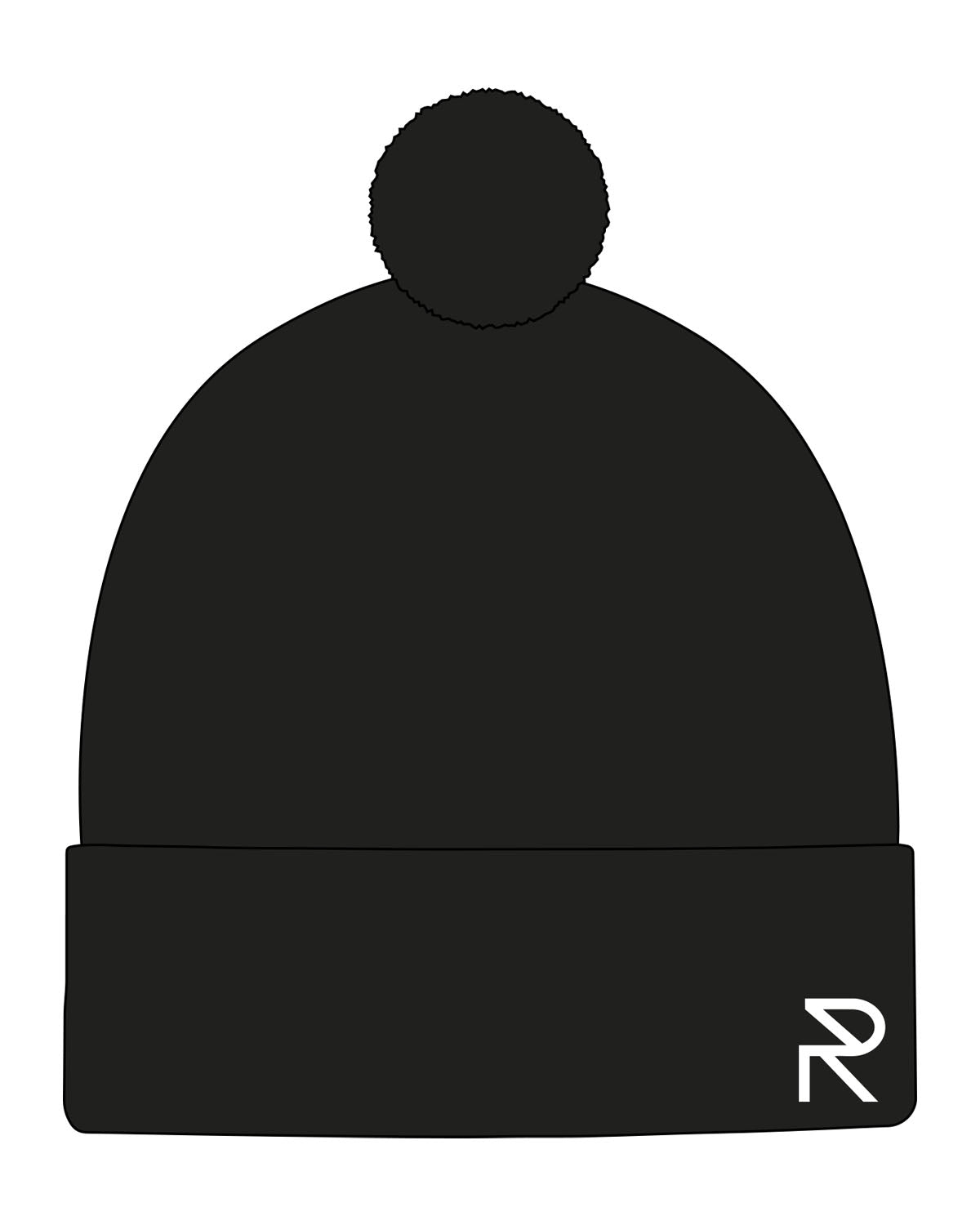 The Pom Pom Beanie - Black - Reform Studios - Left Side Corner Brim - Embroidered - White