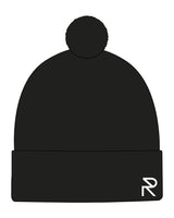 The Pom Pom Beanie - Black - Reform Studios - Left Side Corner Brim - Embroidered - White