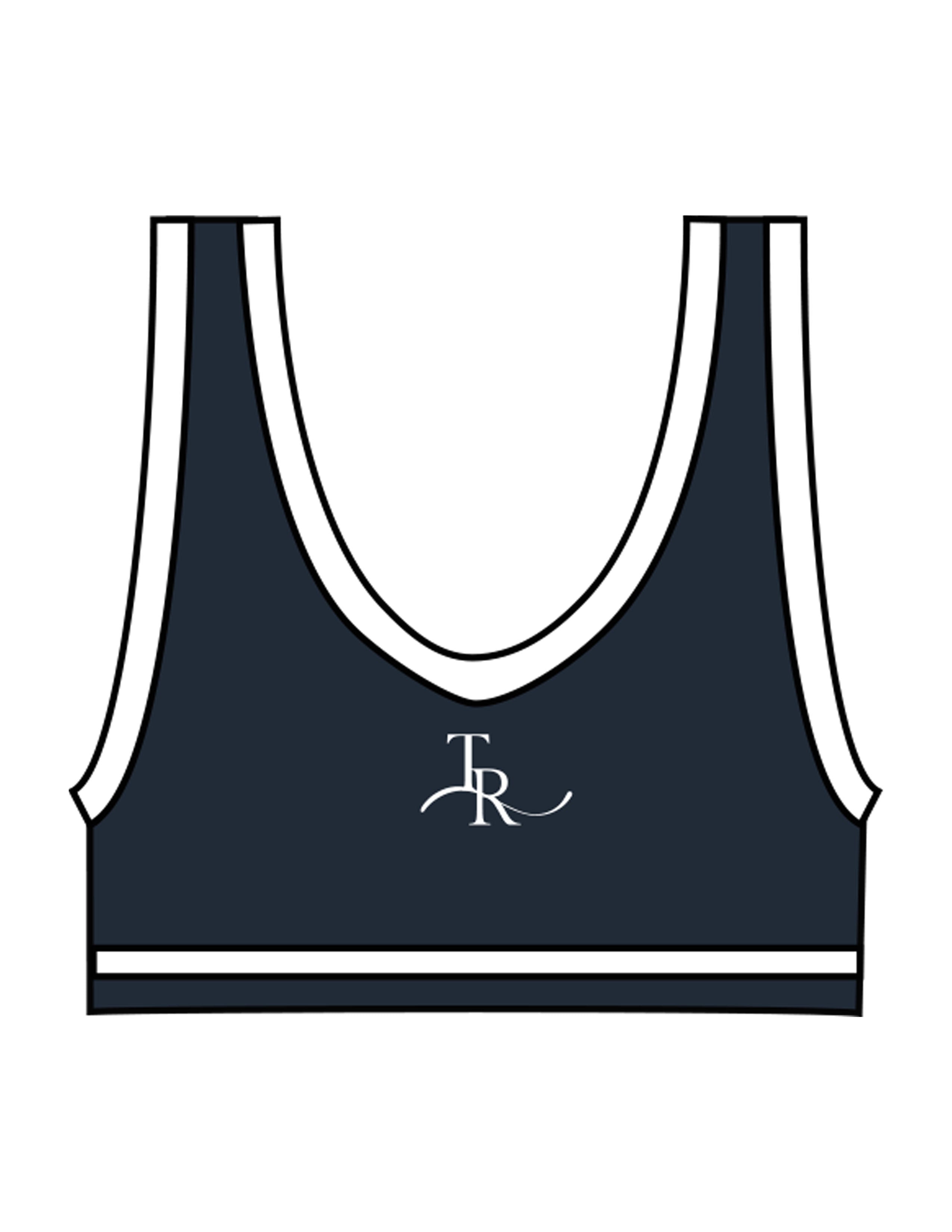 The Piped Bra - Navy - The Refinery Fitness Studio - Center Back - Printed - White