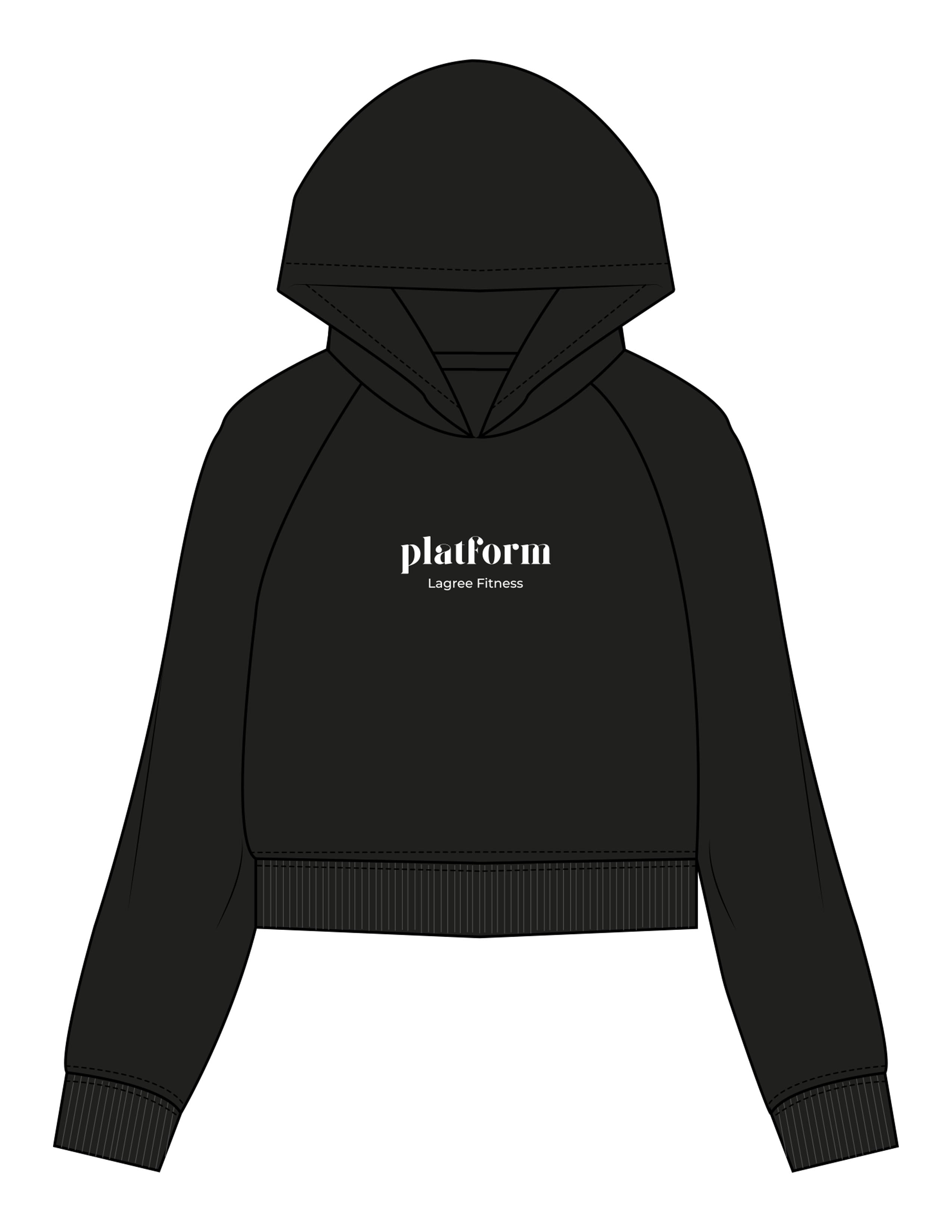 The Womens Crop Hoodie - Black - Platform - Center Chest Stacked & Back Stacked - Printed - White