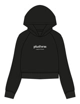 The Womens Crop Hoodie - Black - Platform - Center Chest Stacked & Back Stacked - Printed - White