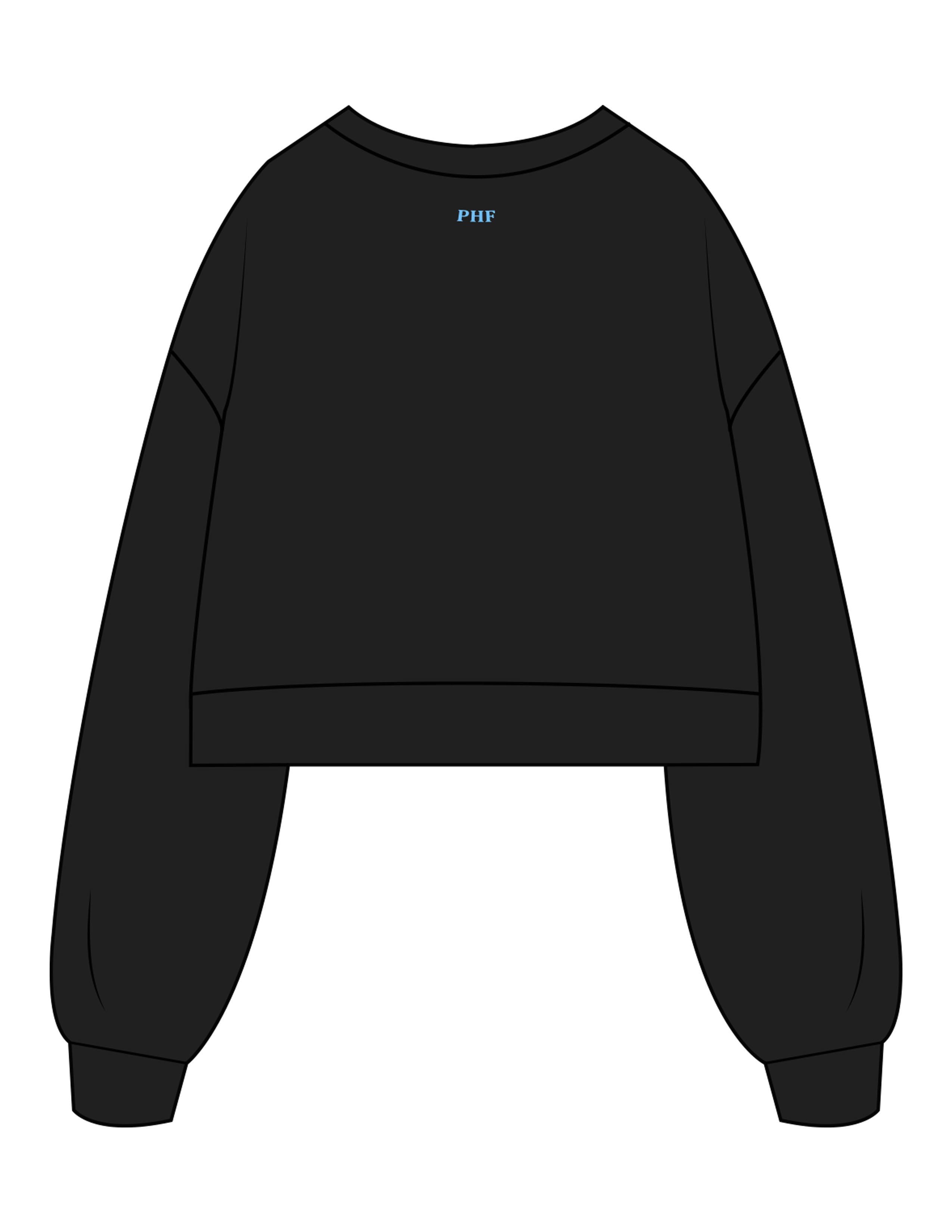 The Womens Crop Crewneck - Black - Powerhouse Fitness- Front Neckline & Back Neckline - Printed - Teal