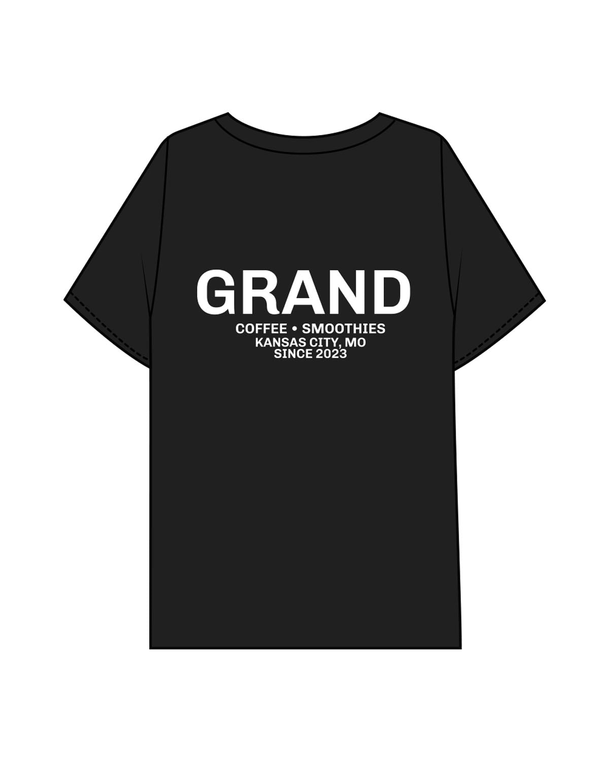The Mens Boxy Tee - Black - Grand Co - Left & Right Upper Chest - Back Stacked - Printed - White