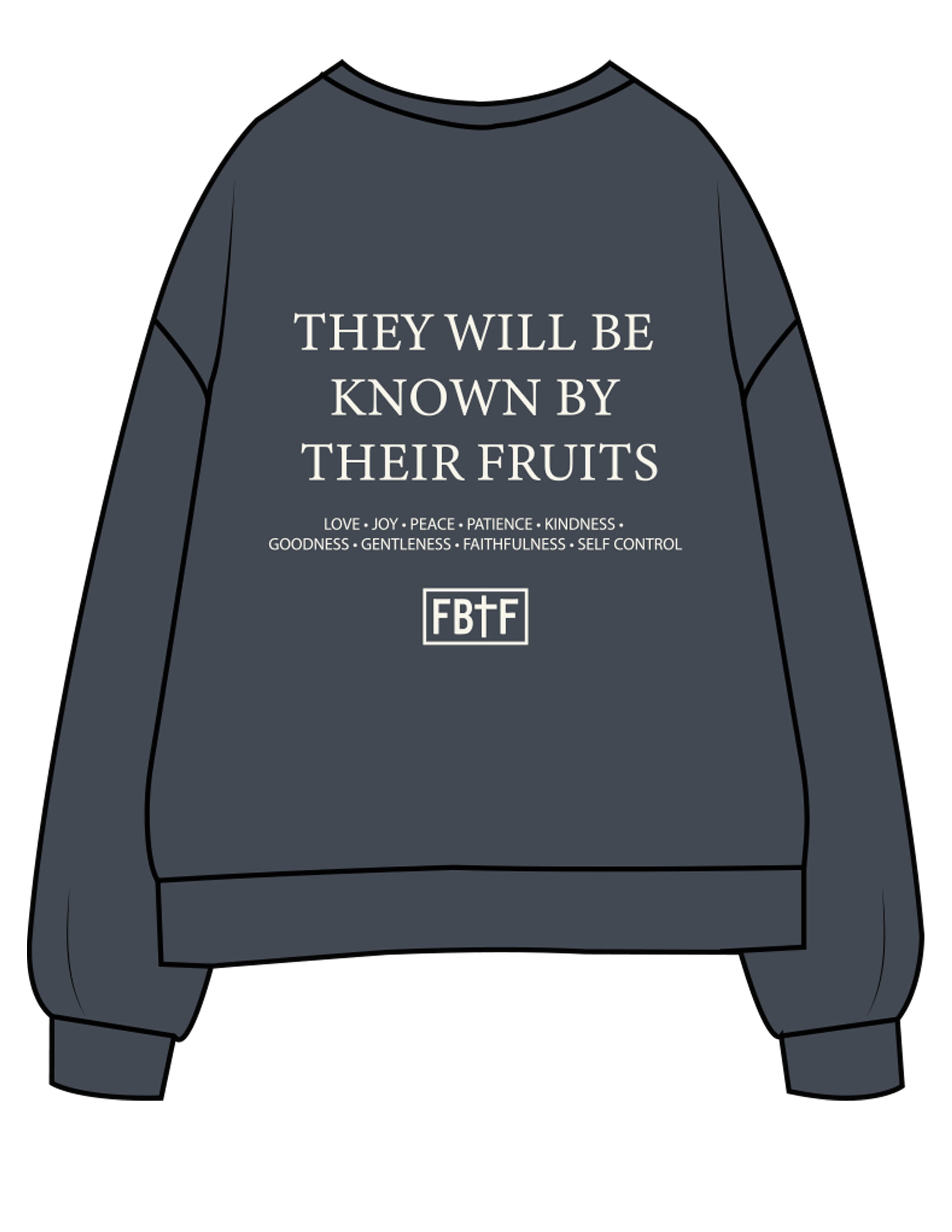 The Mens Classic Crewneck - Petrol - Fed By The Fruit - Chest Stacked & Back Stacked - Printed - Off White