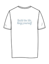 The Womens Tee - White - Balanced Self - Left Chest & Back Stacked - Printed - Denim Blue