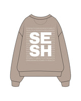 The Midweight Unisex Crewneck - Washed Cement - Sesh Studio - Center Chest, Right Sleeve & Center Back Logo - Printed - White