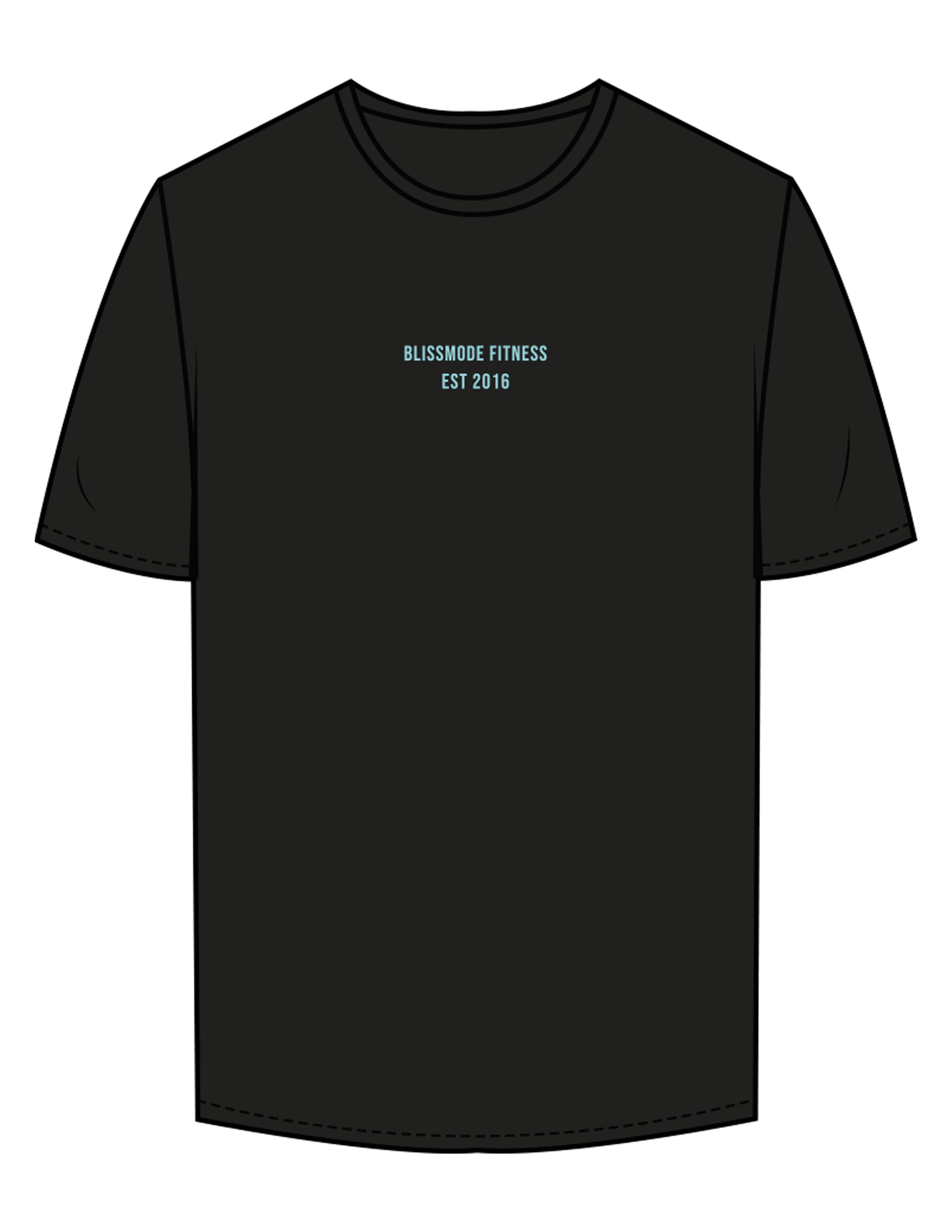 The Mens Tee - Black - BLISSMODE FITNESS - Center Chest Stacked & Full Back - Printed - Blue