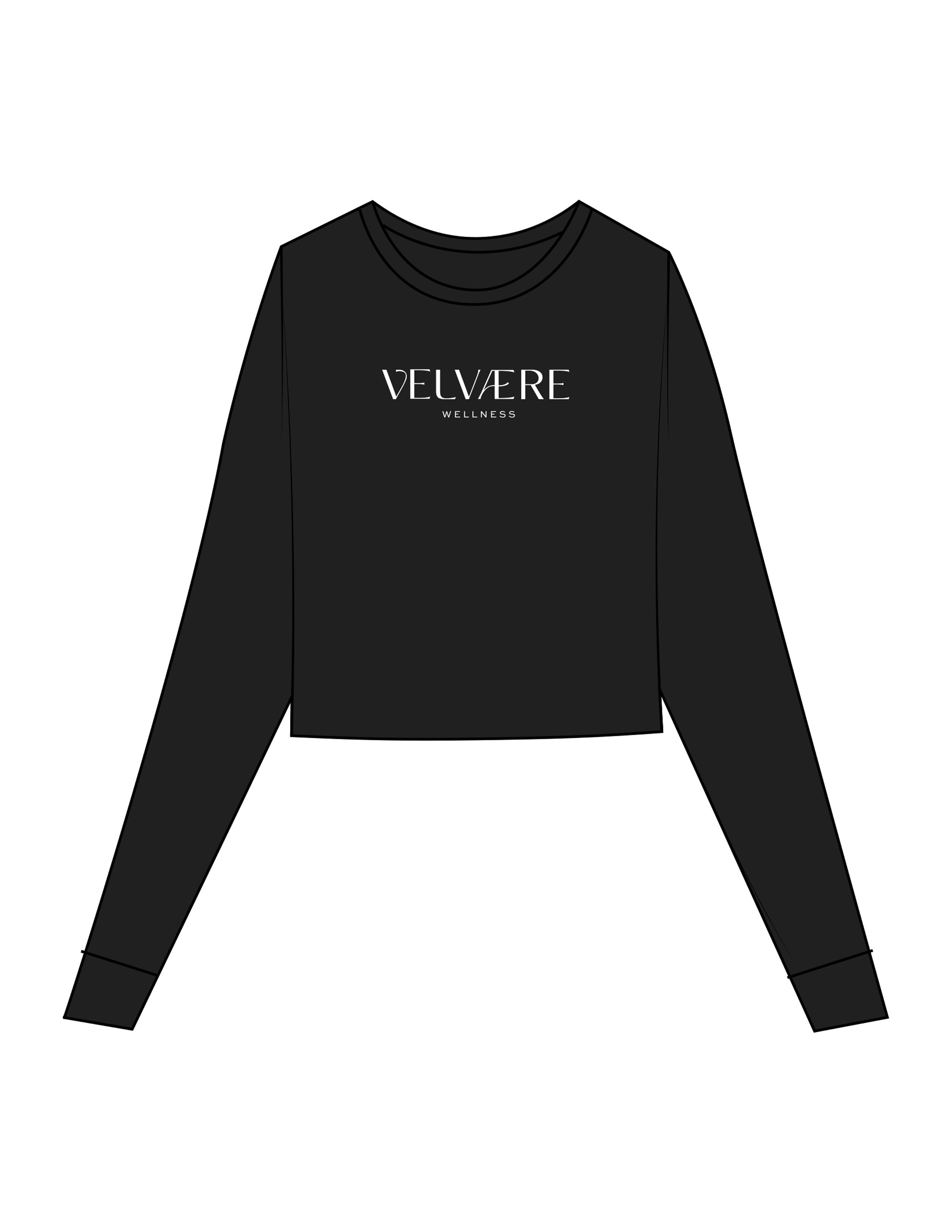 The Micro Rib Crop Long Sleeve - Black - Velvaere - Center Chest Stacked - Printed - White