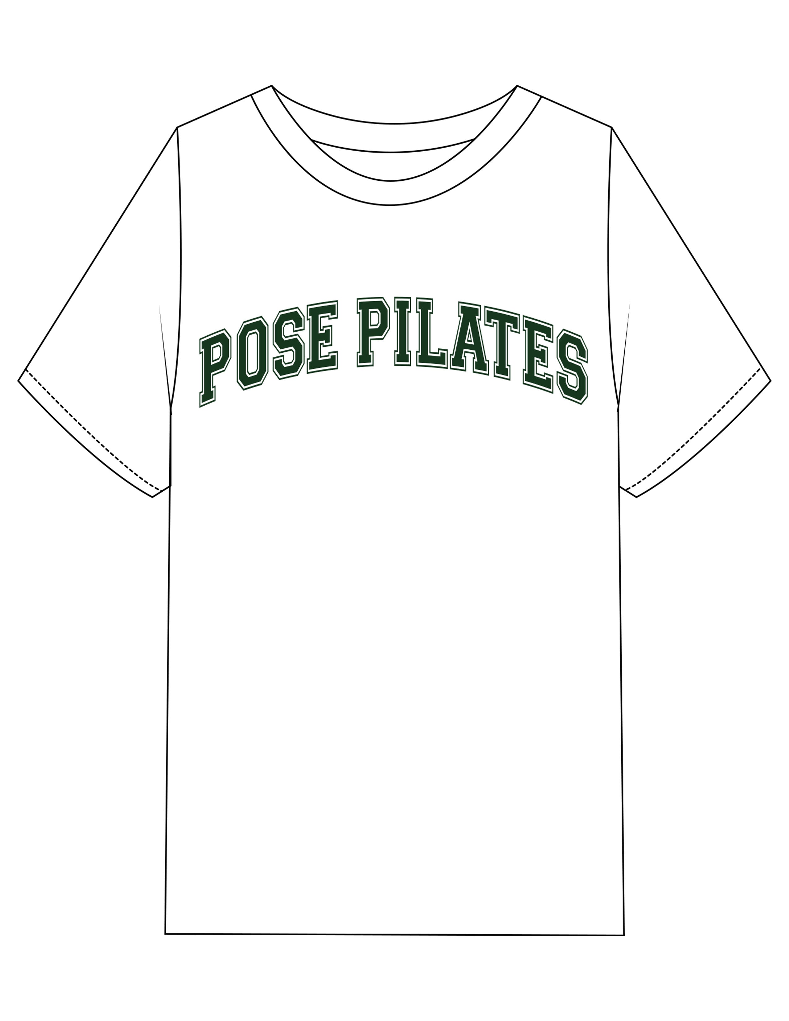 The Mens Heavyweight Tee - White - Pose Pilates - Center Chest Arc - Printed - Green