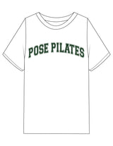 The Mens Heavyweight Tee - White - Pose Pilates - Center Chest Arc - Printed - Green