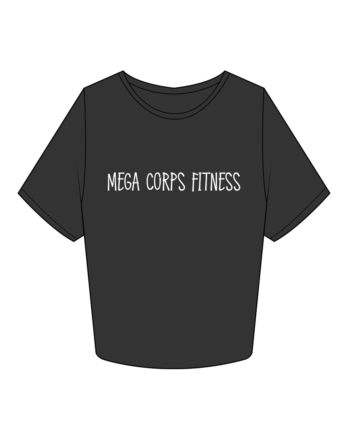 The Crop Tee - Washed Black - Megacorps - Front Center & Full Back Stacked - White