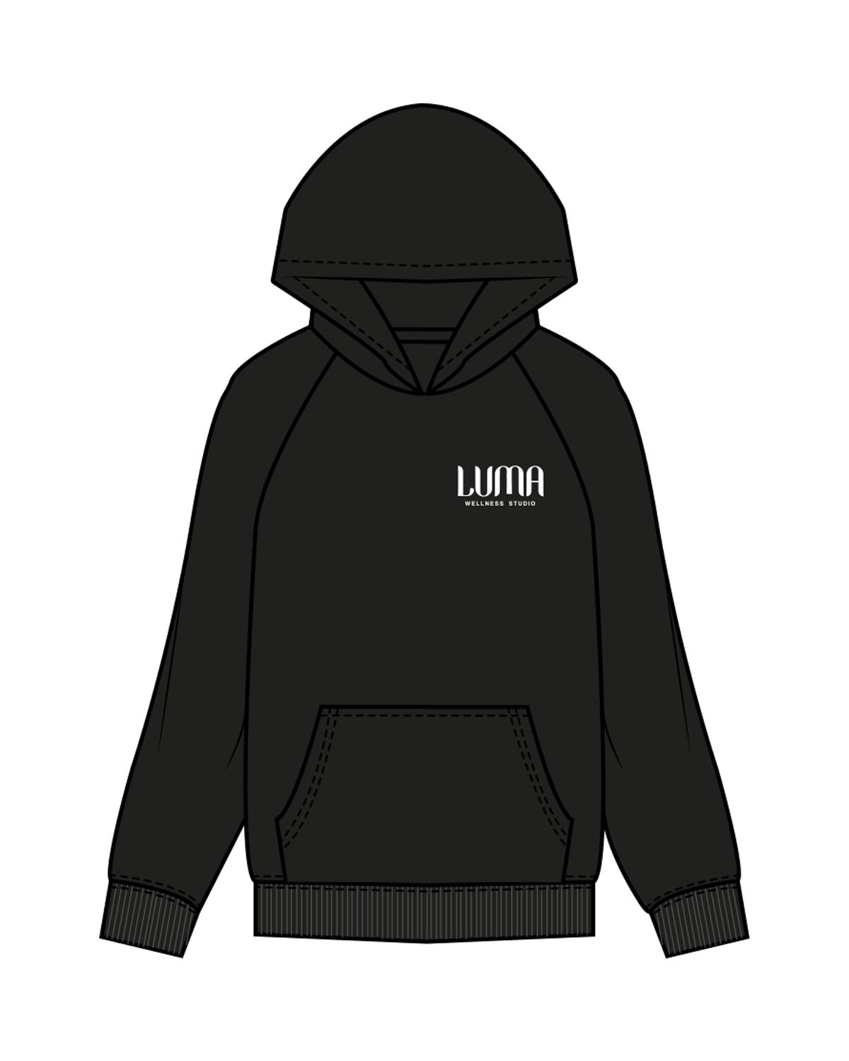 The Womens Hoodie - Black - Luma Wellness - Left Chest Stacked - Embroidered - White