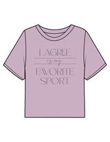 The Boxy Crop Tee - Lavender - HiLo - Chest Stacked "LAGREE" & Back Neckline Round - Printed - Tone on Tone