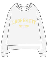The Mens Classic Crewneck - White Heather - Lagree Fit Studio - Center Chest - Back Center - Printed - Butter Yellow