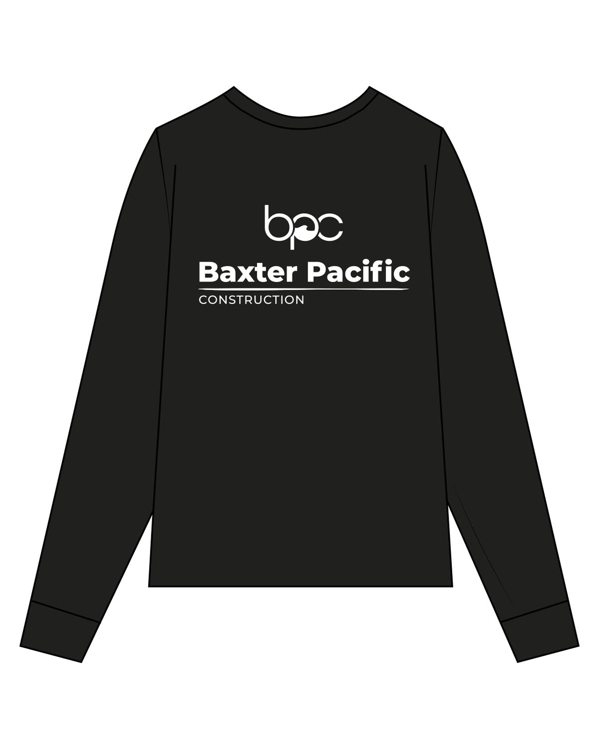 The Mens Long Sleeve - Black - Baxter Pacific - Left Chest - Back Center Stacked - Printed - White