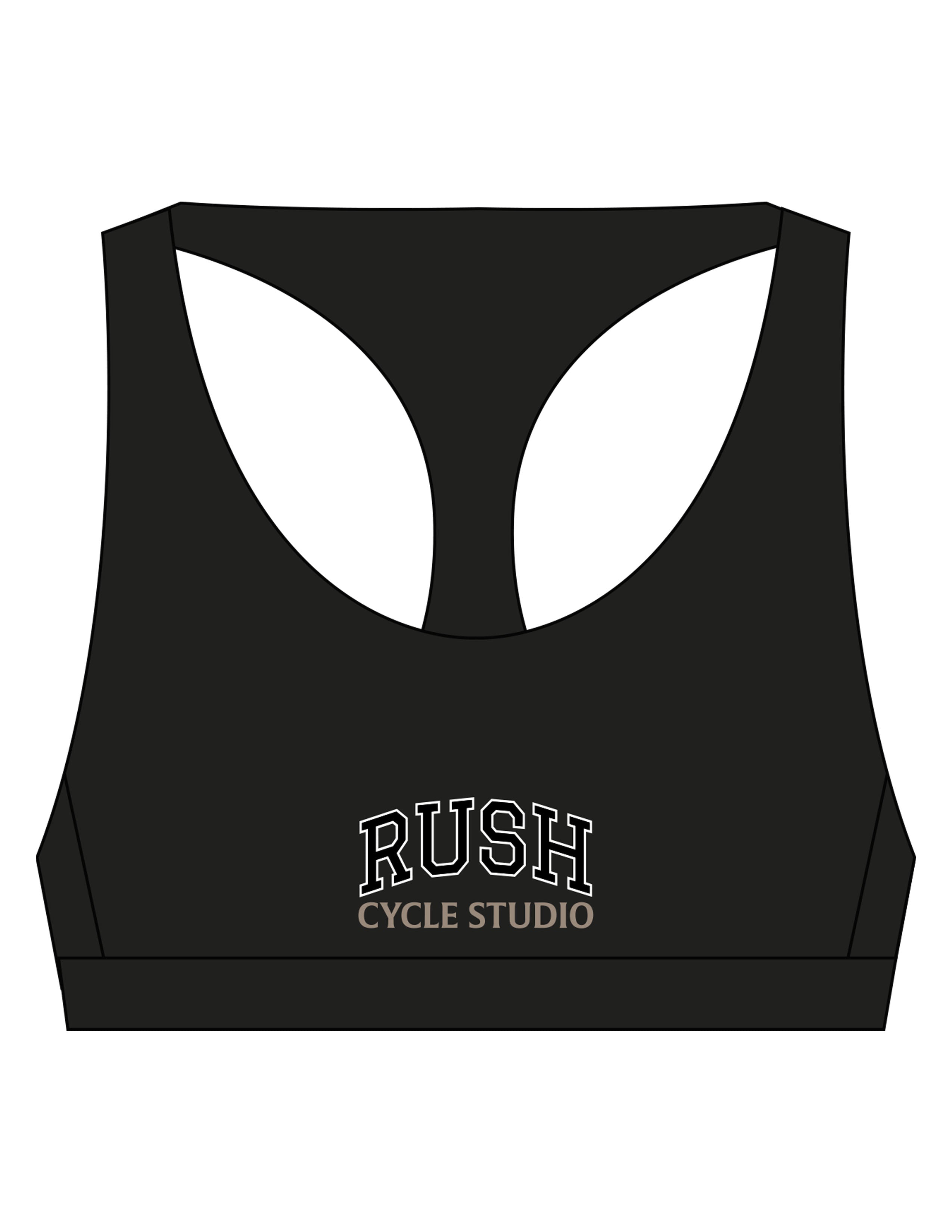 The Racer Bra - Black - Rush Cycle Studio - Center Chest Stacked - Printed - Full Color