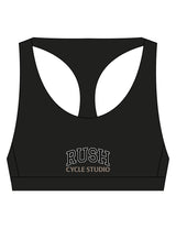 The Racer Bra - Black - Rush Cycle Studio - Center Chest Stacked - Printed - Full Color