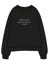 The Womens Crewneck - Black - Refined Movement - Center Chest Stacked - Printed - White