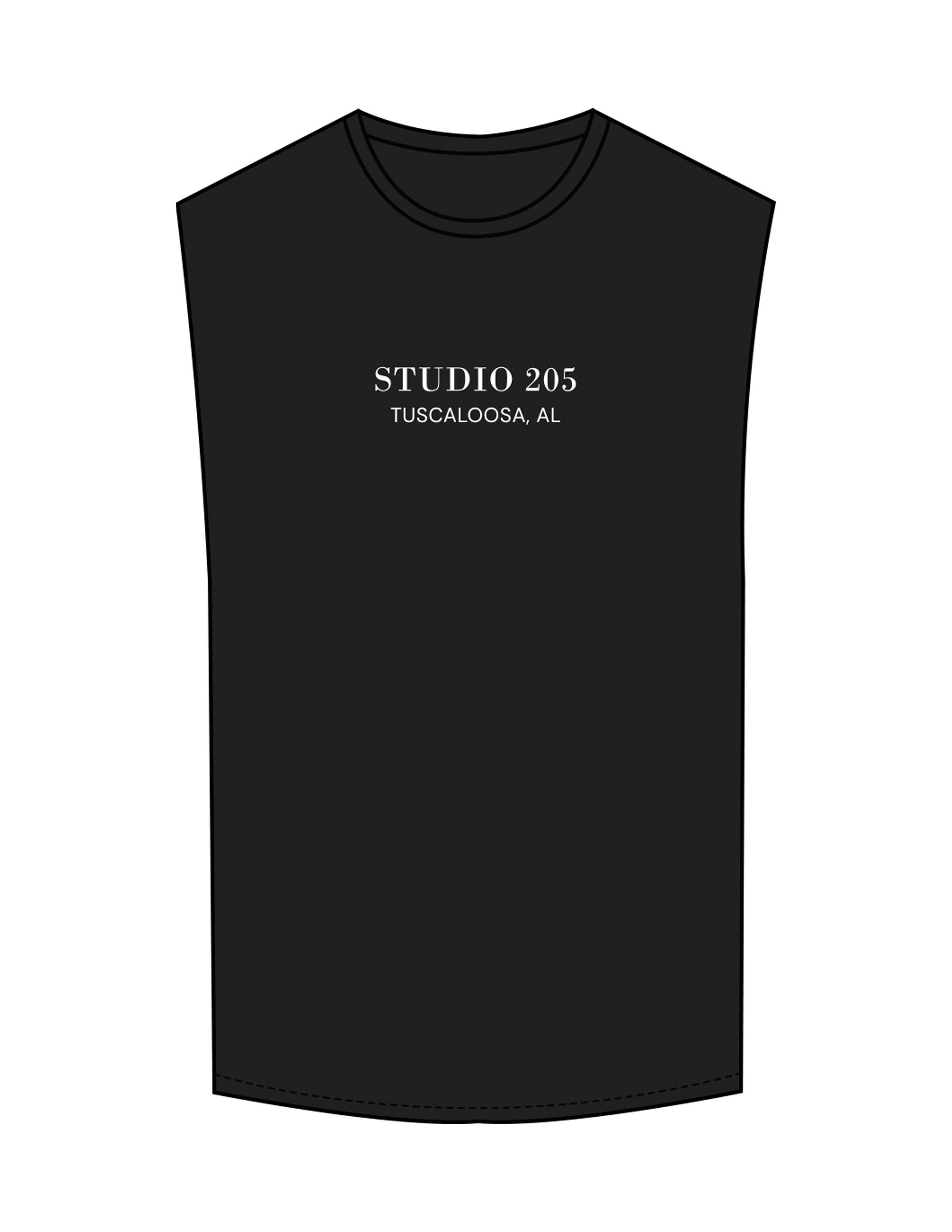 The Muscle Tank - Black - Studio 205 - Chest Stacked  & Back Stacked - Printed - White