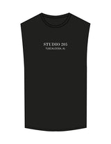 The Muscle Tank - Black - Studio 205 - Chest Stacked  & Back Stacked - Printed - White
