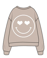 The Womens Crewneck - Bone - Pilates by Nix - Center Chest - Embroidered - Back Center - Smiley W/ Heart Eyes - Printed - White