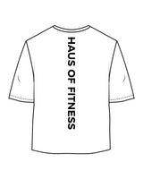 The Midweight Crop Tee - White - Haus of Fitness - Center Chest & Back Vertical Text - Black