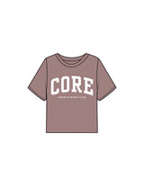 The Boxy Crop Tee - Mauve - Core Precision - Center Chest Stacked - Printed - White