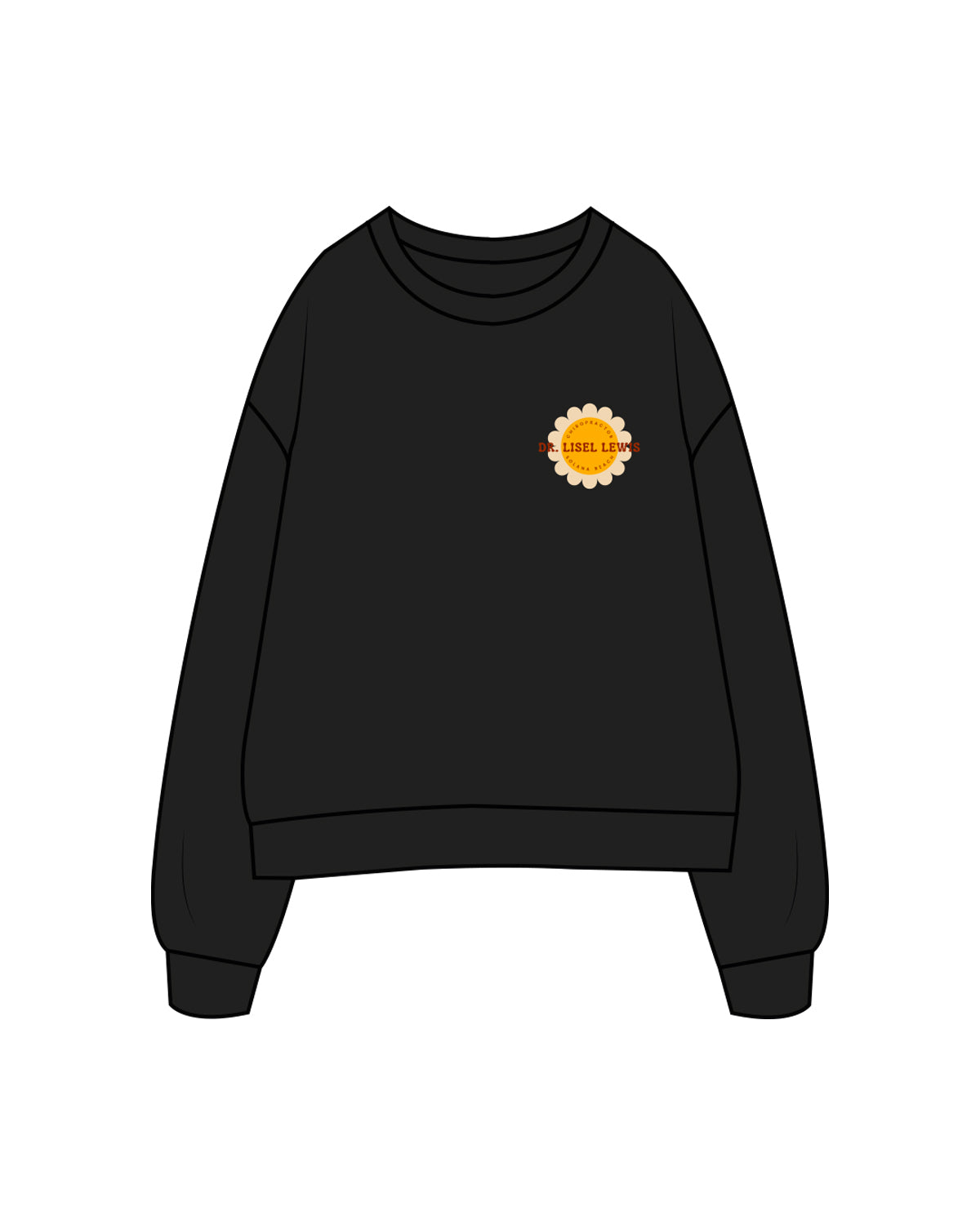 The Womens Crewneck - Black - Lisel Lewis - Left Chest Sunflower & Back Center Sunflower Stacked - Full Color