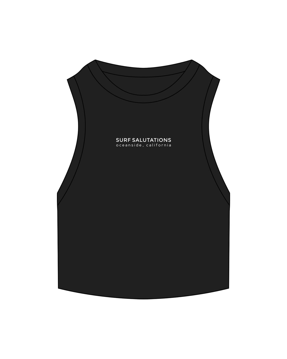The Ribbed Crop Tank - Black - Surf Salutations - Center Chest Stacked - Embroidered - White