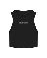The Ribbed Crop Tank - Black - Surf Salutations - Center Chest Stacked - Embroidered - White