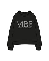 The Womens Crewneck - Black - Vibe Hot Yoga & Pilates - Center Chest Stacked & Back Neckline - Printed - White