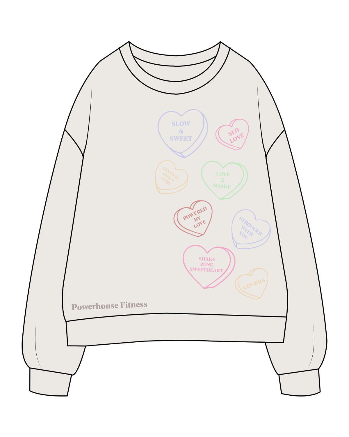 The Womens Crewneck - Bone - Powerhouse Fitness - Front Left Stacked & Front Bottom Right - Printed - Full Color