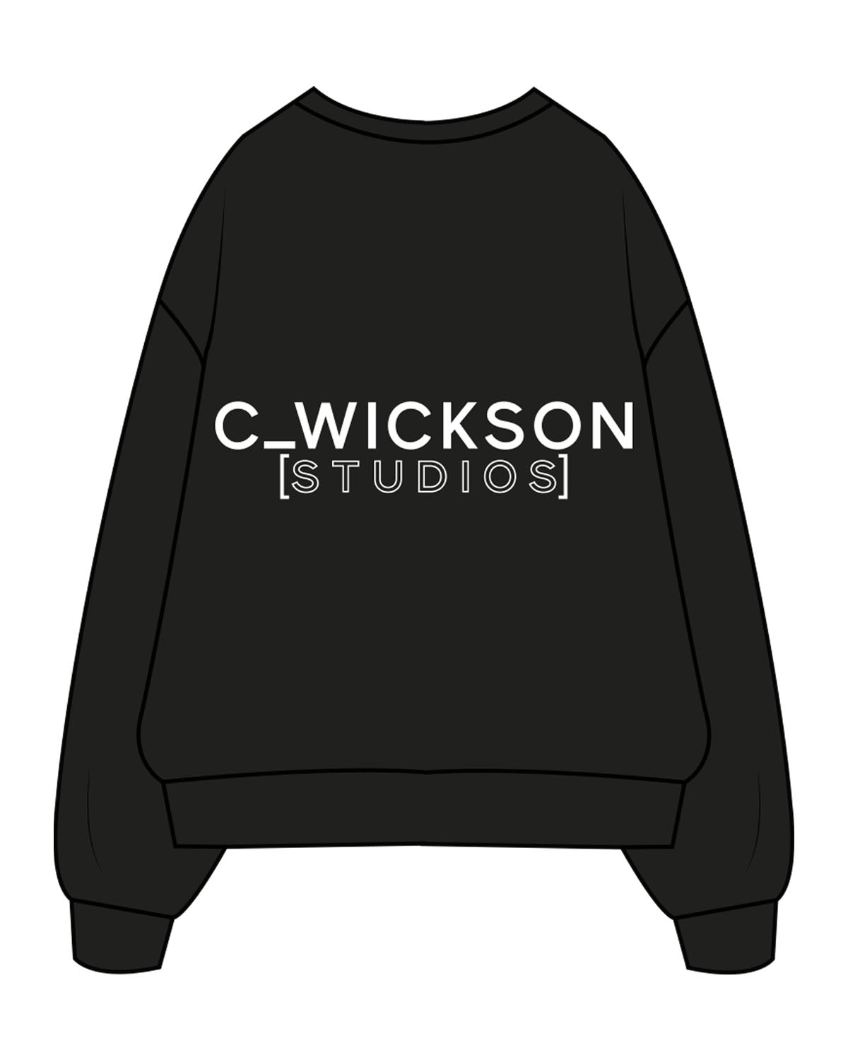The Mens Crewneck - Black - C Wickson - Center Chest & Center Back Stacked - Printed - White