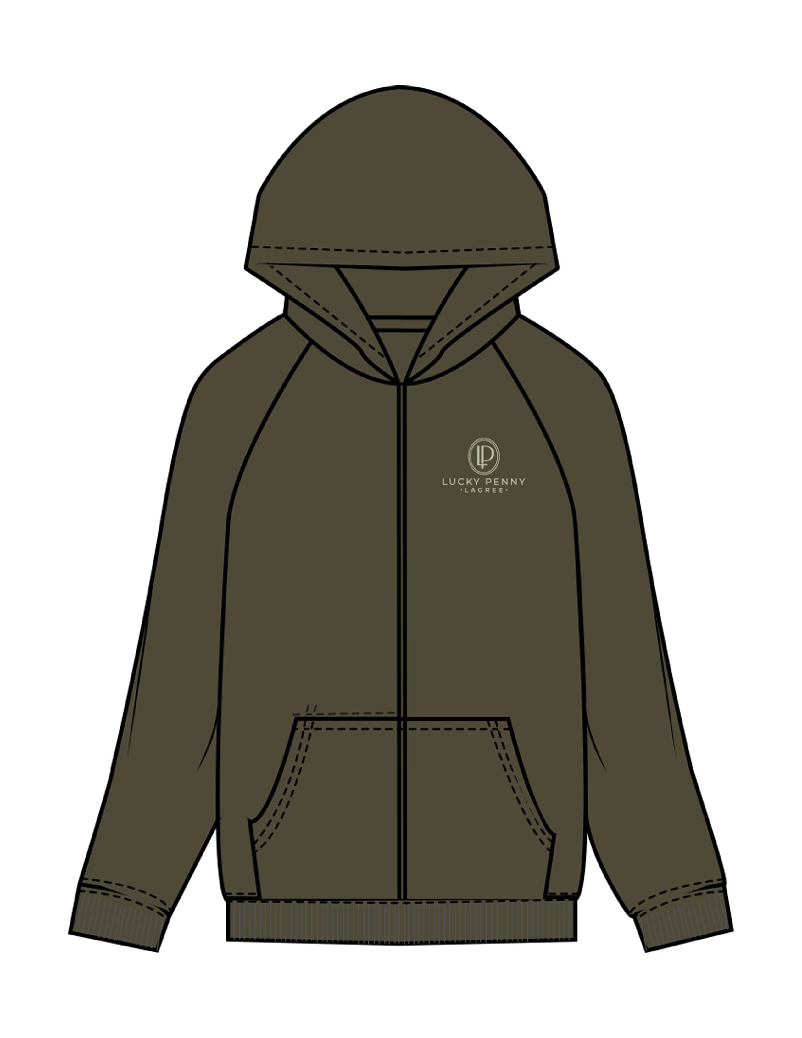 The Recycled Unisex Zip Hoodie - Army - Lucky Penny - Left Chest Stacked - Embroidered - Light Pistachio