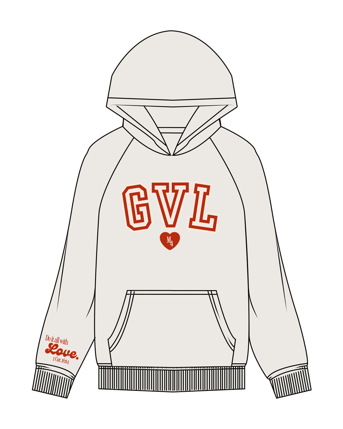 The Womens Hoodie - Bone - M4Lagree - Center Chest Stacked & Right Sleeve Stacked - Printed - Full Color