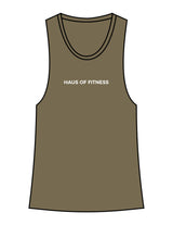 The Crop Muscle Racerback - Heather Olive - Haus of Fitness - Center Chest - Printed - White